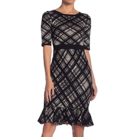 TAYLOR Black Plaid Flounce Hem Midi Knit Sweater Sheath Bodycon Dress Nordstrom - Picture 2 of 4